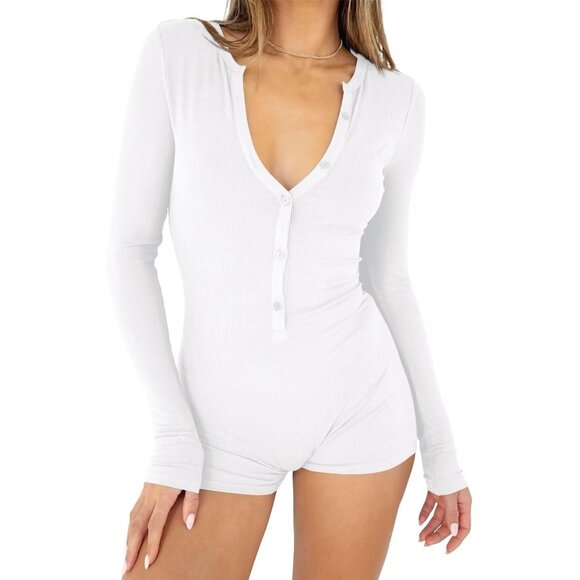 Women's White One Piece Button Down Jumpsuit V Neck Romper Long Sleeve Bodysuit - Picture 1 of 5